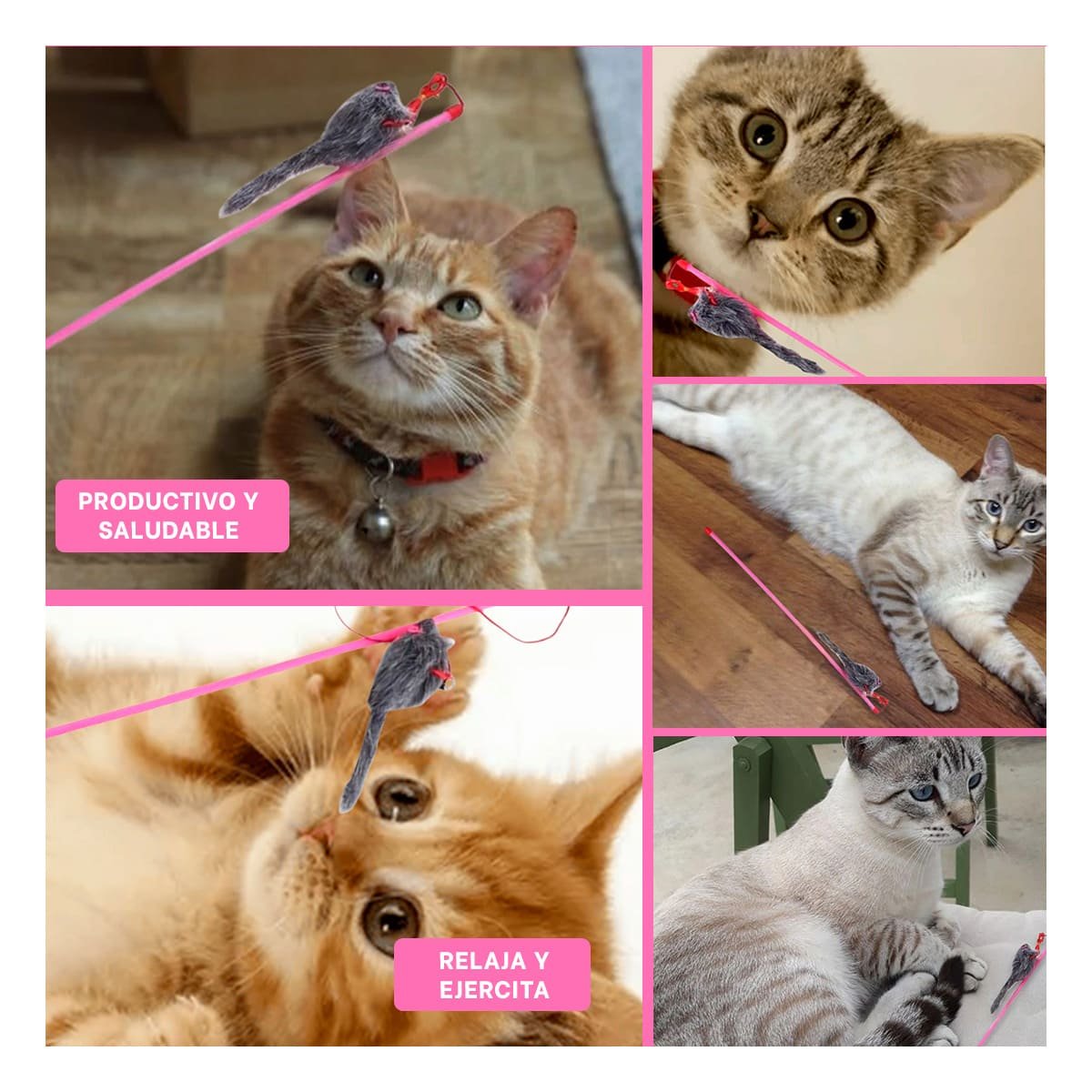 PACK4 JUEGO VERSATIL PARA GATO CON VARITA DE COLOR ROSADO Y RATON PLOMO Y+REGALO STICKER - 2