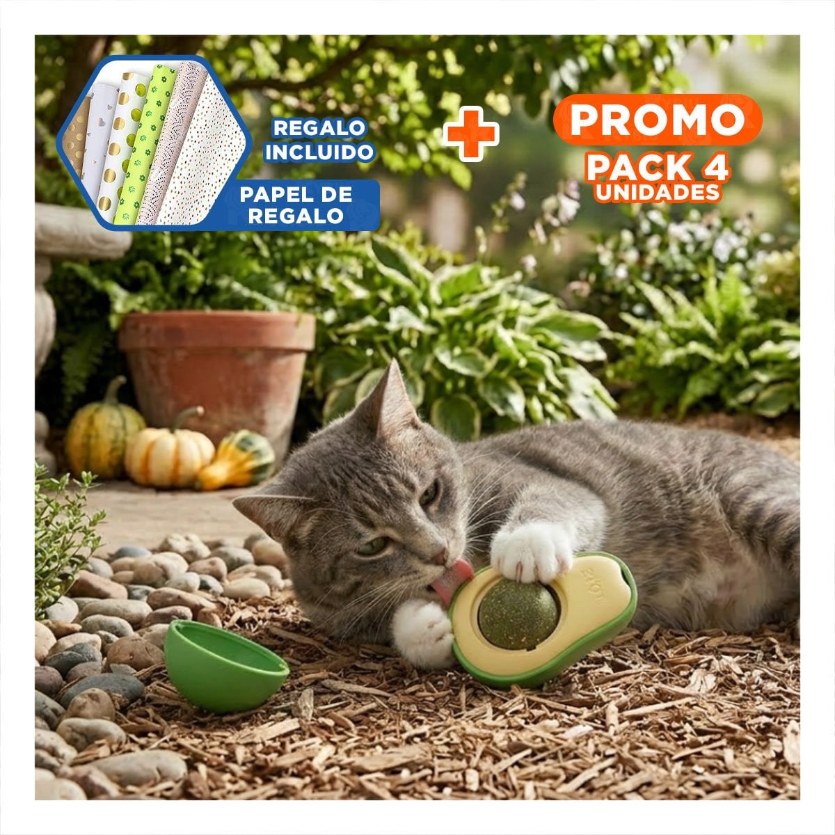 PACK4 JUGUETE PARA FELINOS EN FORMA DE PALTA VERDE CON HIERBA Y+PAPEL REGALO - 1