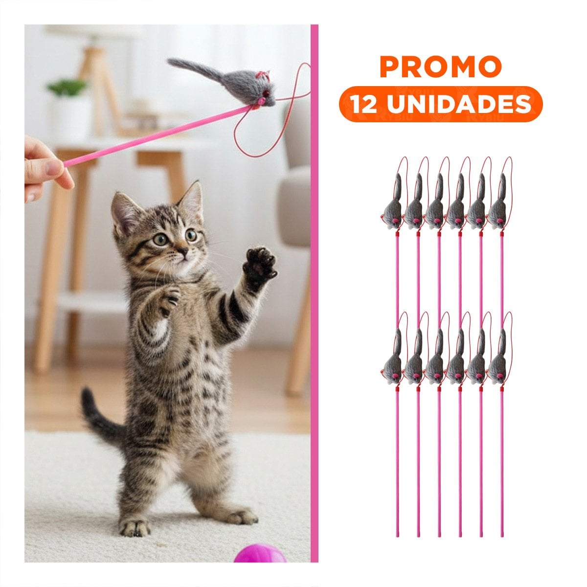 PACK12 ACCESORIO PRACTICO PARA GATO CON VARITA DE COLOR ROSADO Y RATON PLOMO Y+REGALO STICKER - 1