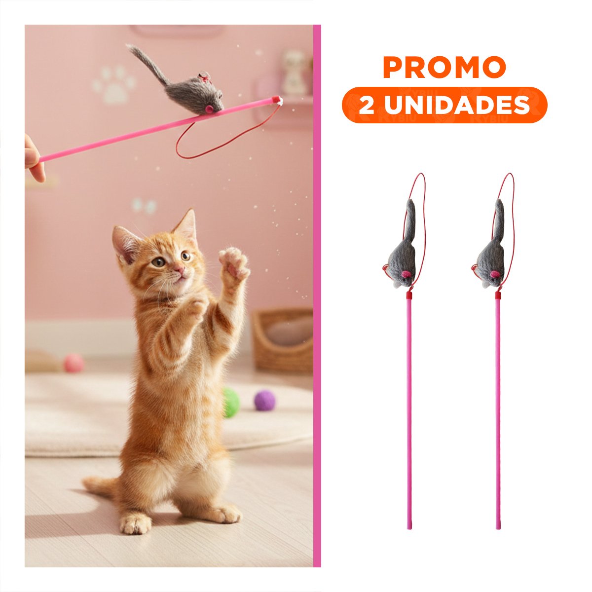 PACK2 VARITA RESISTENTE DE COLOR ROSADO PARA GATO CON RATON PLOMO DE GUARDADO SIMPLE - 1
