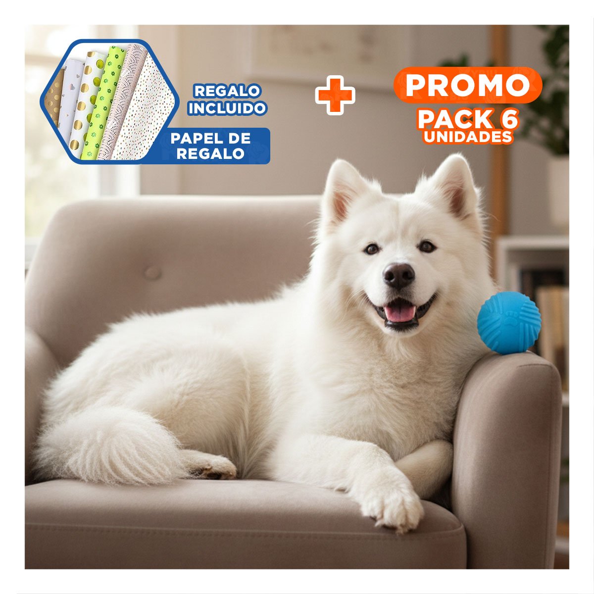 PACK6 ESFERA DE GOMA A RAYAS EN COLOR CELESTE PARA MASCOTAS Y+PAPEL REGALO - 1