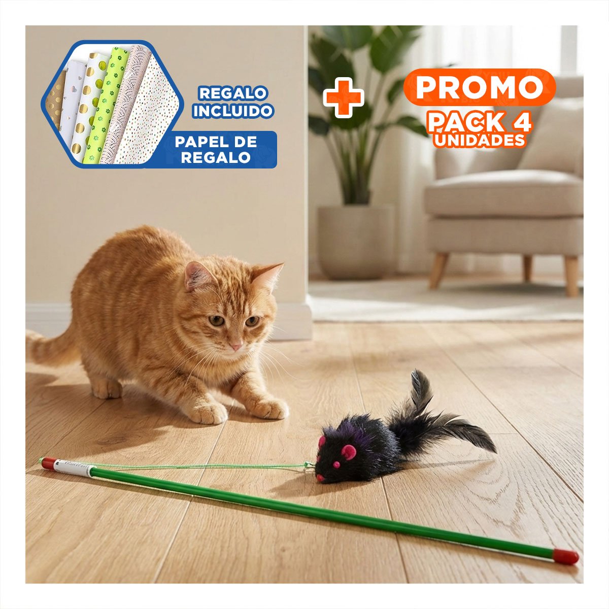PACK4 VARITA ESTABLE DE COLOR VERDE PARA GATO CON JUGUETE DE RATON NEGRO Y+PAPEL REGALO - 1