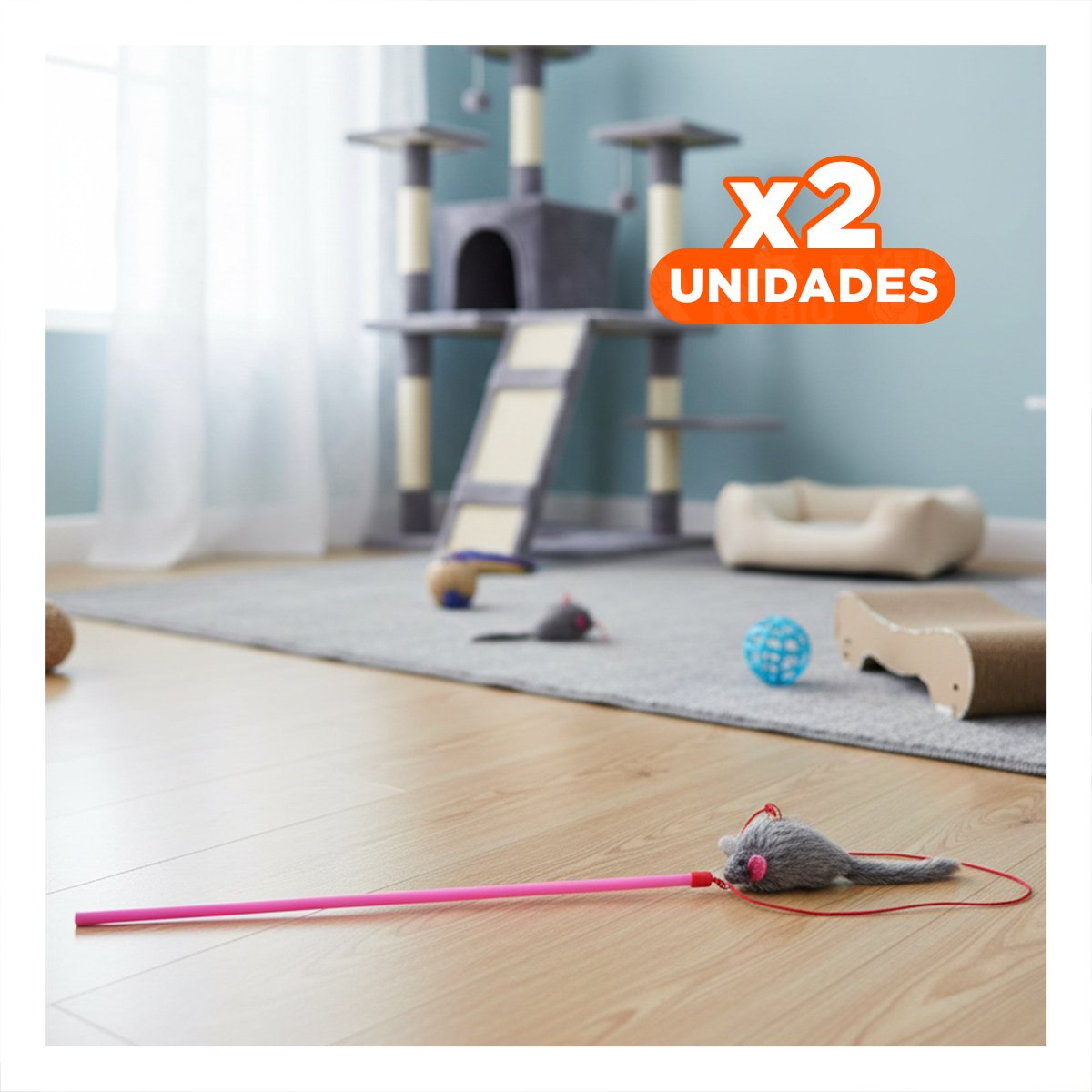 PACK2 VARITA PRACTICA EN ROSADO PARA GATO CON RATON PLOMO FACIL DE UBICAR Y+REGALO STICKER - 1