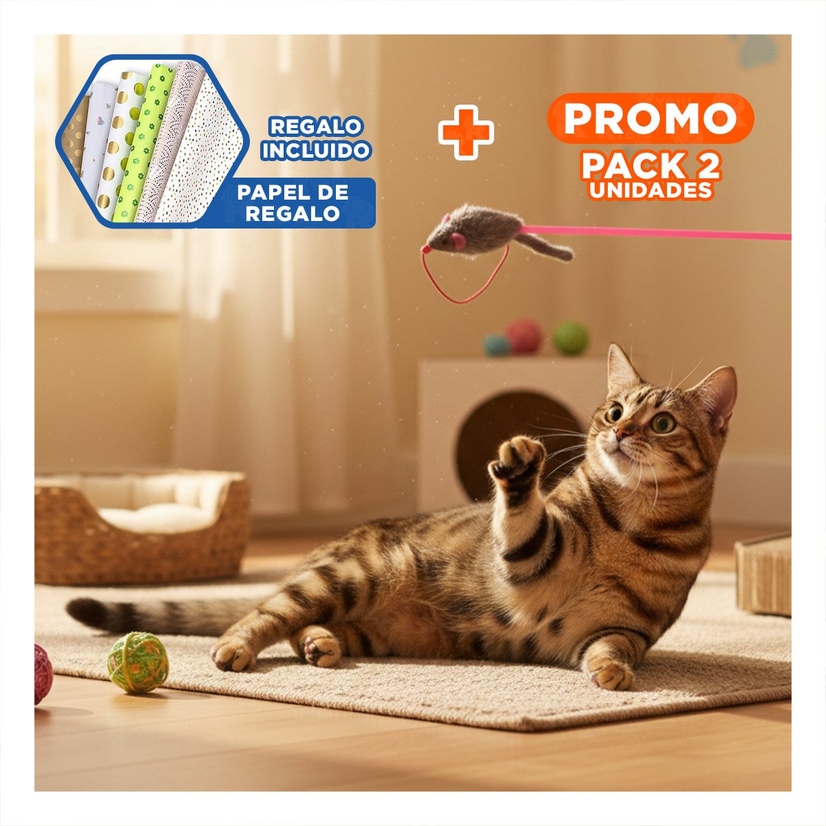 PACK2 VARITA MODERNA DE COLOR ROSADO PARA GATO CON JUGUETE DE RATON PLOMO Y+PAPEL REGALO - 1