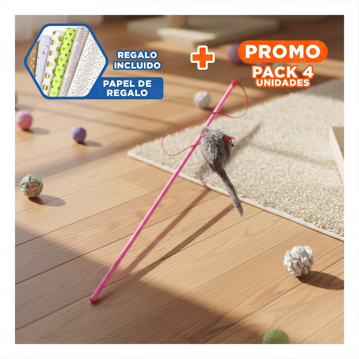 PACK4 VARITA ESTABLE DE COLOR ROSADO PARA GATO CON JUGUETE DE RATON PLOMO Y+PAPEL REGALO - 1