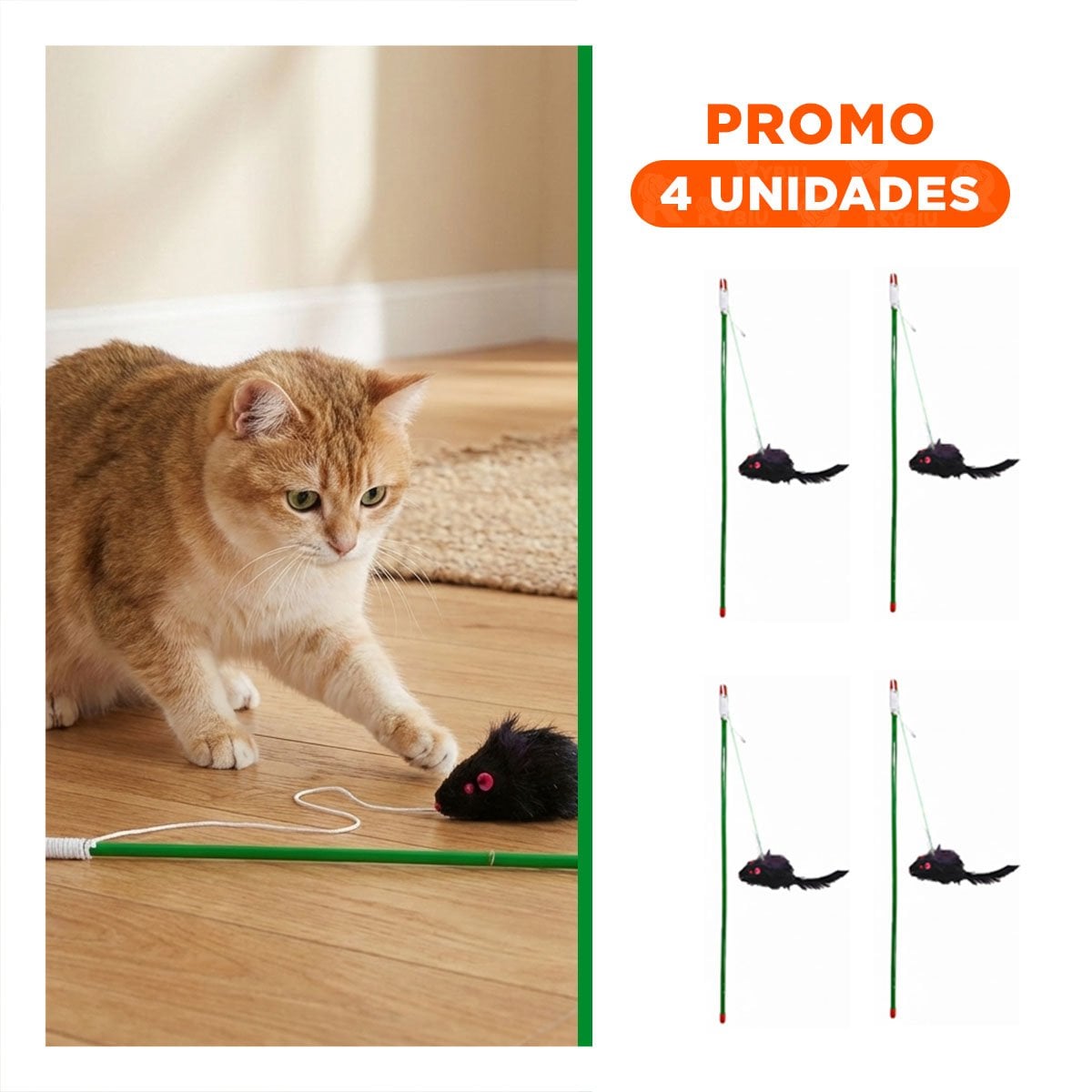 PACK4 JUEGO VERSATIL PARA GATO CON VARITA DE COLOR VERDE Y RATON NEGRO Y+REGALO STICKER - 1