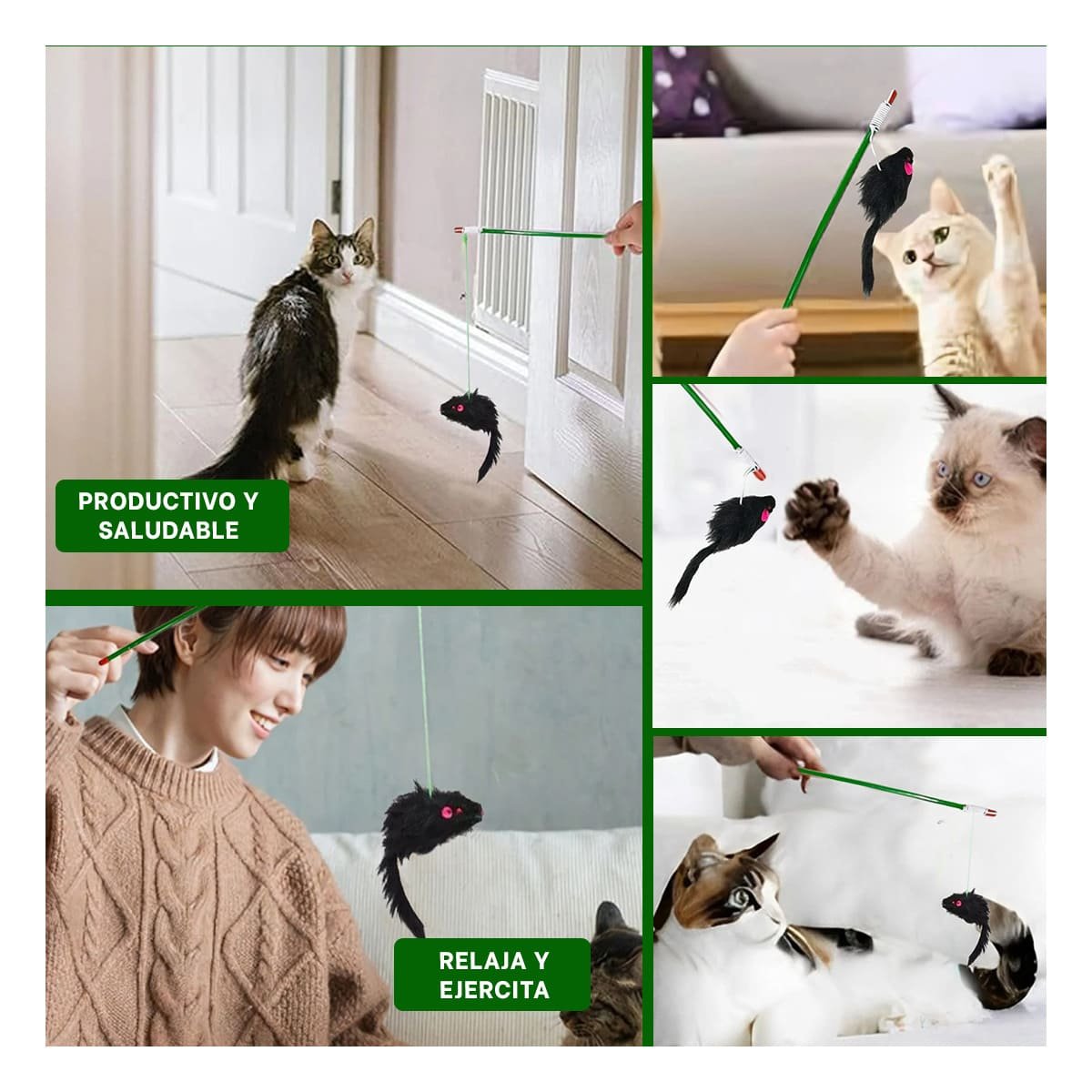 PACK4 JUEGO VERSATIL PARA GATO CON VARITA DE COLOR VERDE Y RATON NEGRO Y+REGALO STICKER - 2