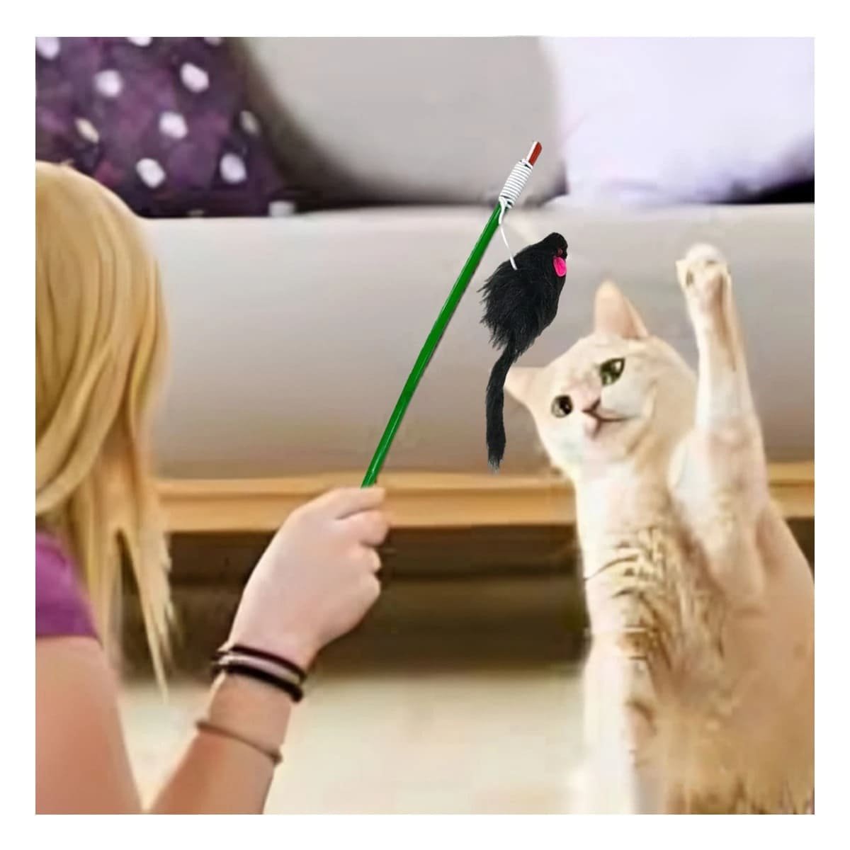 PACK4 JUEGO VERSATIL PARA GATO CON VARITA DE COLOR VERDE Y RATON NEGRO Y+REGALO STICKER - 3