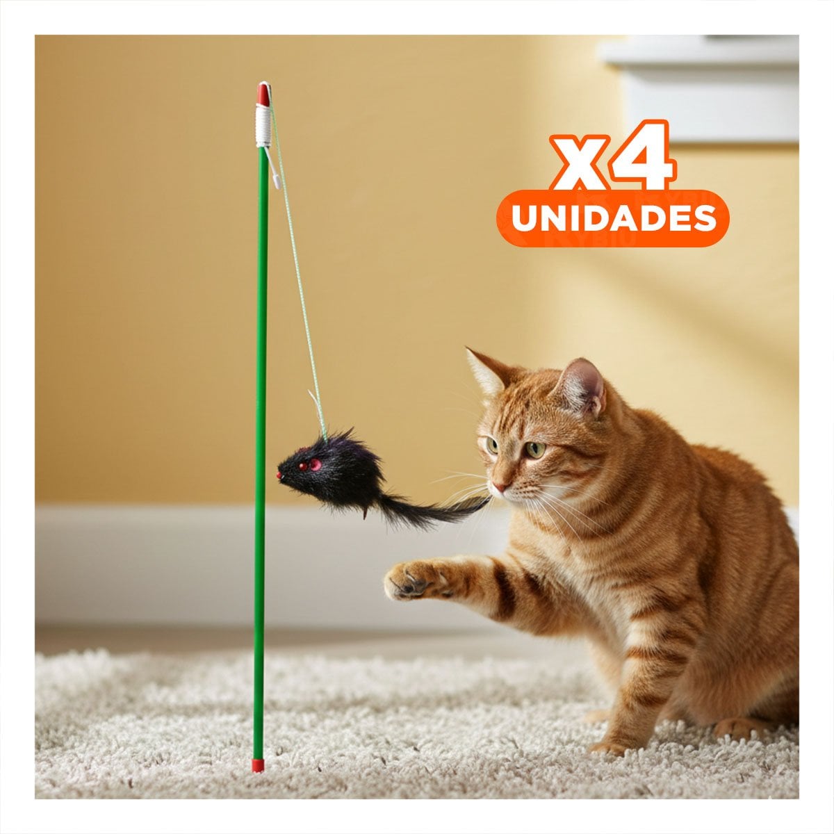 PACK4 VARITA DELGADA DE COLOR VERDE PARA GATO CON RATON NEGRO EN ESPACIO REDUCIDO - 1
