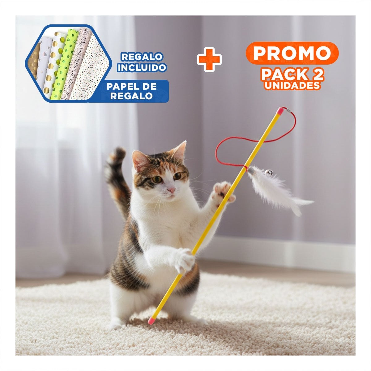 PACK2 VARITA MODERNA DE COLOR AMARILLO PARA GATO CON JUGUETE DE RATON BLANCO Y+PAPEL REGALO - 1