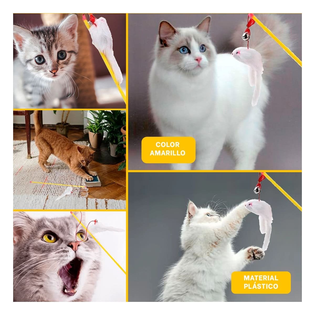 PACK2 VARITA MODERNA DE COLOR AMARILLO PARA GATO CON JUGUETE DE RATON BLANCO Y+PAPEL REGALO - 3