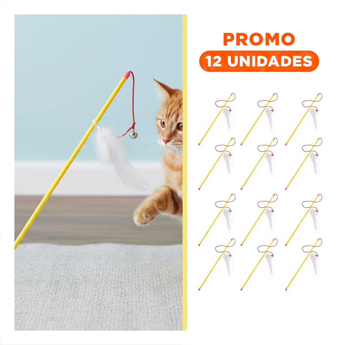 PACK12 ACCESORIO PRACTICO PARA GATO CON VARITA COLOR AMARILLO Y RATON BLANCO Y+REGALO STICKER - 1