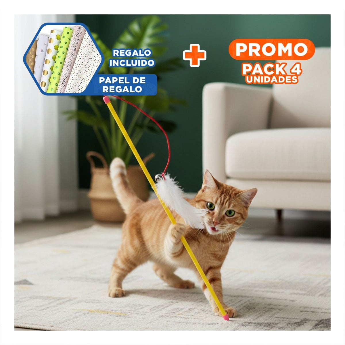 PACK4 VARITA ESTABLE DE COLOR AMARILLO PARA GATO CON JUGUETE DE RATON BLANCO Y+PAPEL REGALO - 1