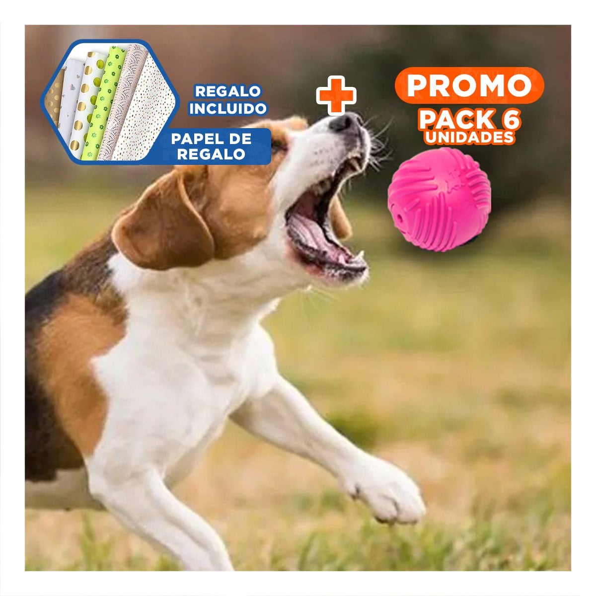 PACK6 ESFERA DE GOMA A RAYAS EN COLOR ROSADO PARA MASCOTAS Y+PAPEL REGALO - 1