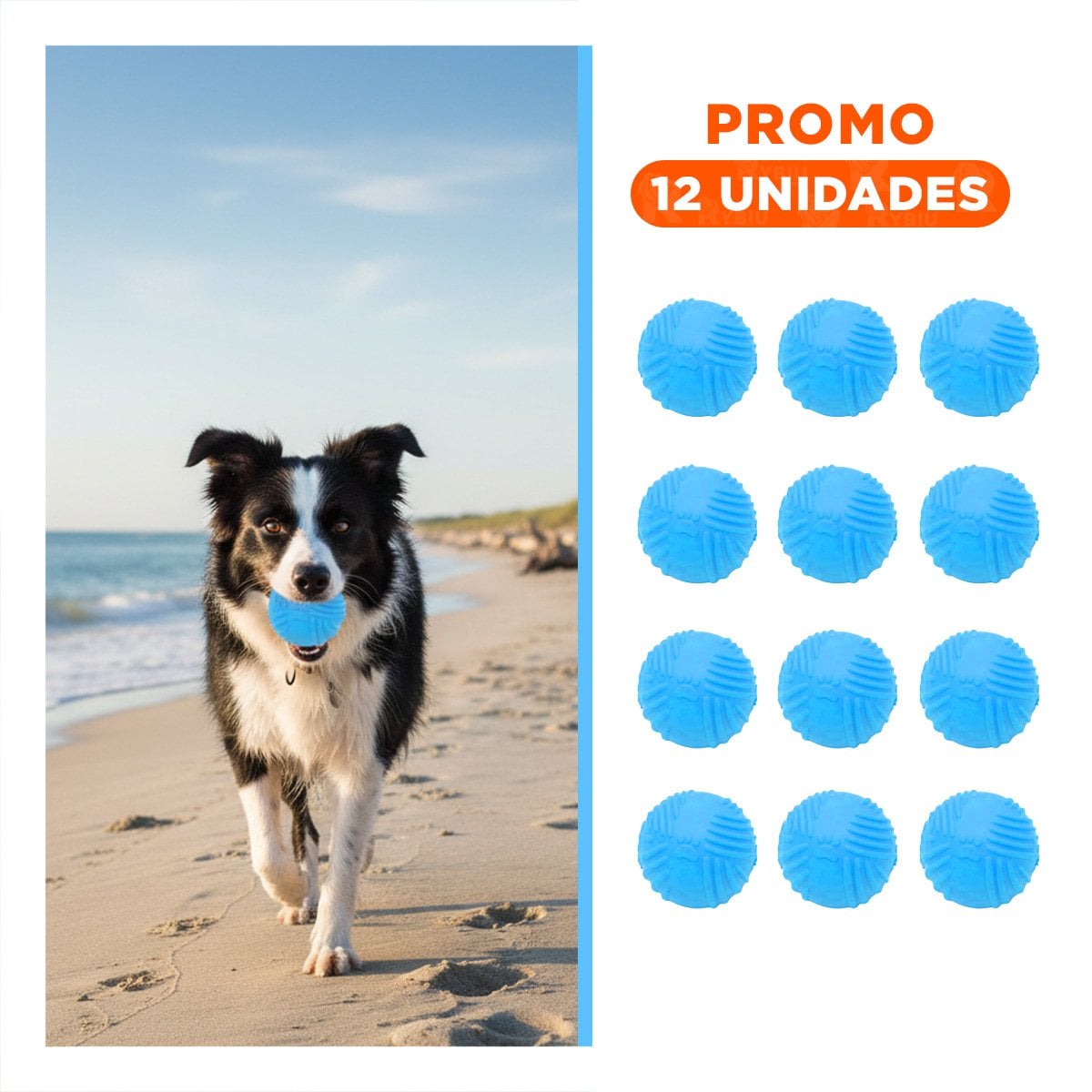 PACK12 ESFERA FUNCIONAL DE GOMA A RAYAS EN CELESTE PARA MASCOTAS ACTIVAS Y+REGALO STICKER - 1