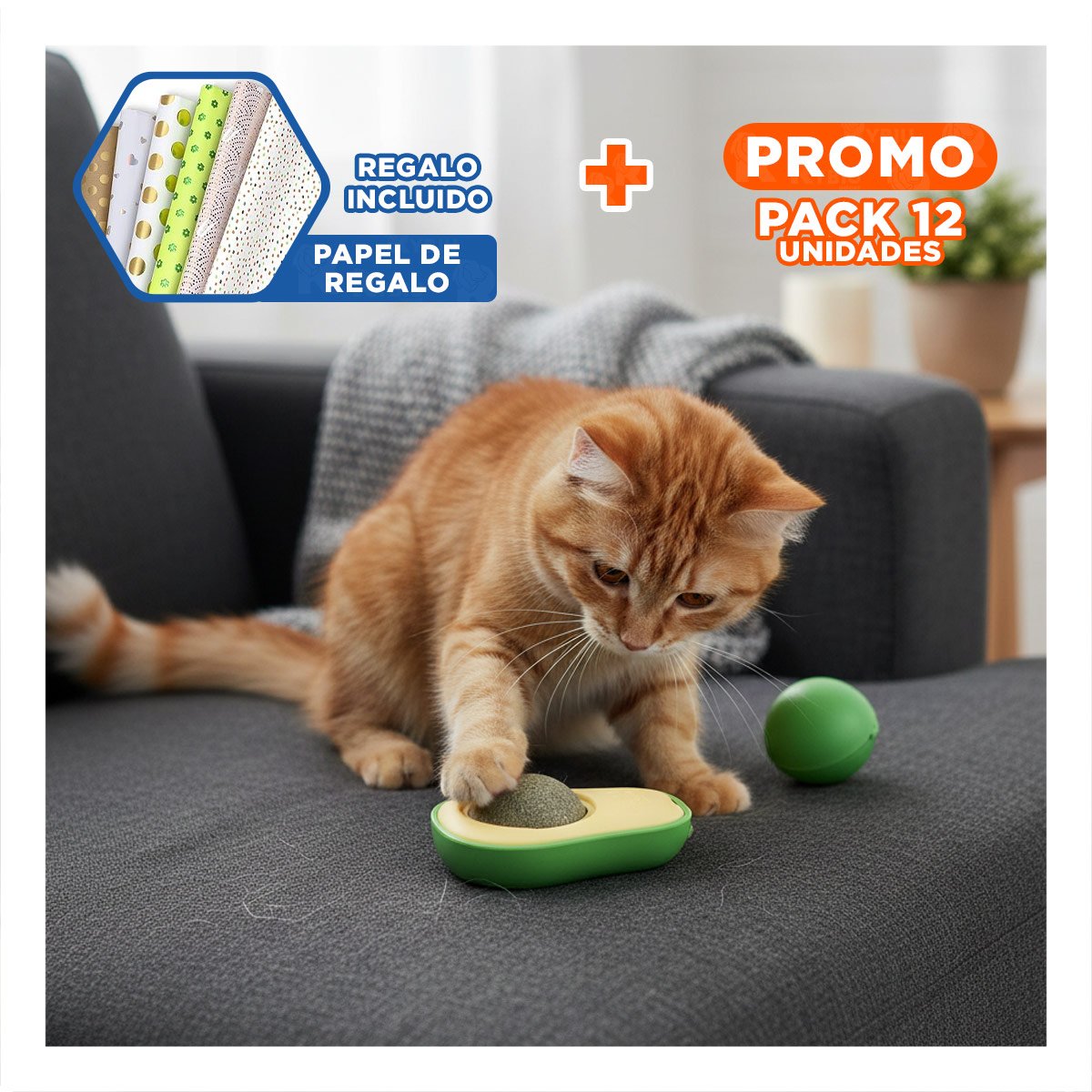 PACK12 SNACK NATURAL PARA GATOS EN FORMA DE PALTA VERDE Y+PAPEL REGALO - 1