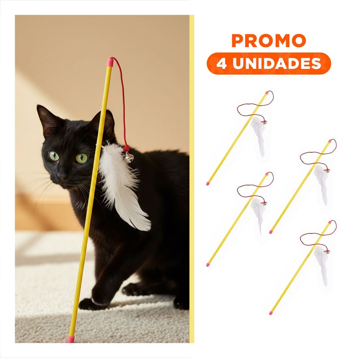 PACK4 JUEGO VERSATIL PARA GATO CON VARITA DE COLOR AMARILLO Y RATON BLANCO Y+REGALO STICKER - 1