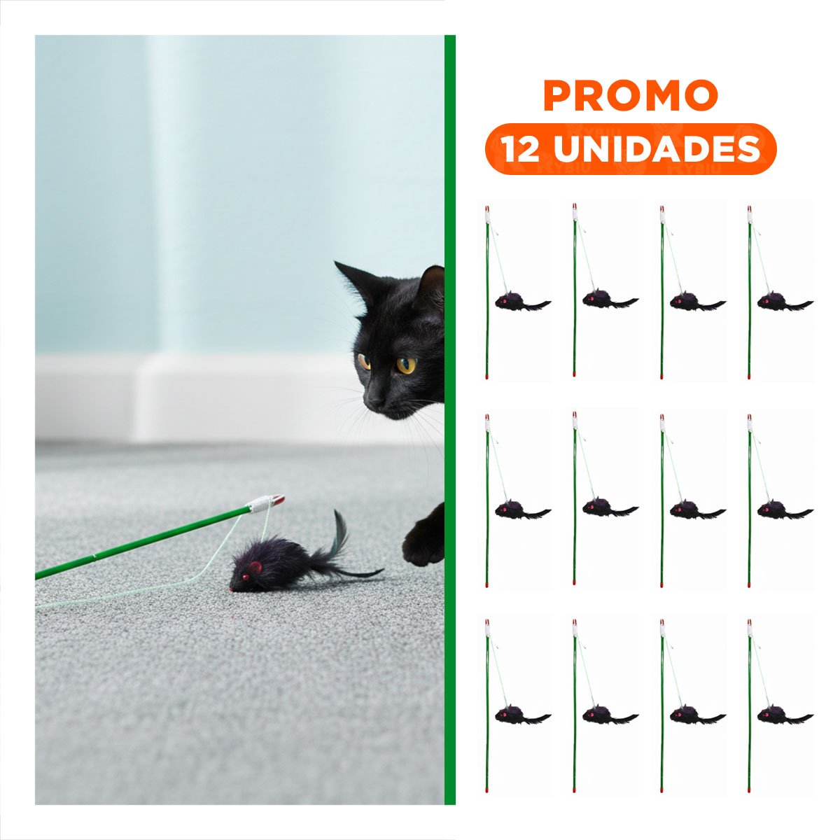 PACK12 ACCESORIO PRACTICO PARA GATO CON VARITA DE COLOR VERDE Y RATON NEGRO Y+REGALO STICKER - 1