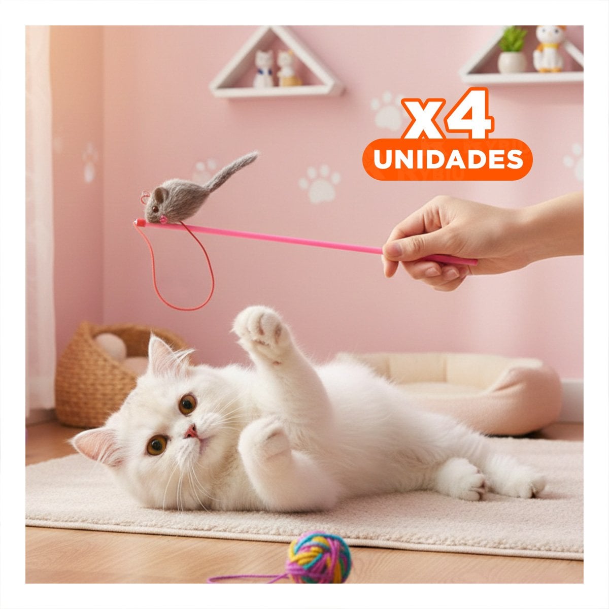 PACK4 VARITA DELGADA DE COLOR ROSADO PARA GATO CON RATON PLOMO EN ESPACIO REDUCIDO - 1