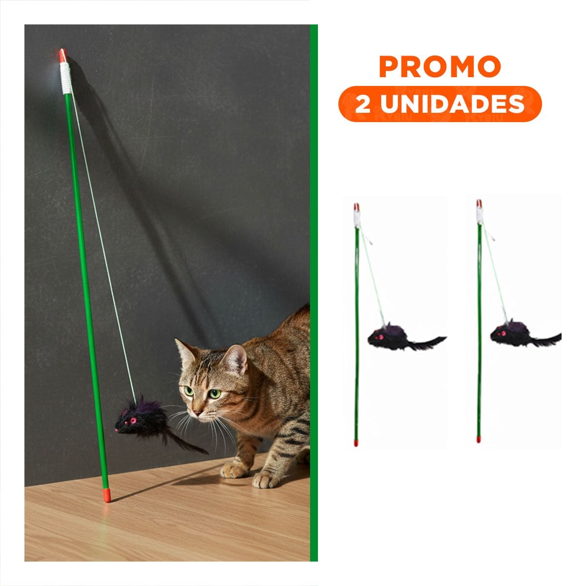 PACK2 VARITA RESISTENTE DE COLOR VERDE PARA GATO CON RATON NEGRO DE GUARDADO SIMPLE - 1