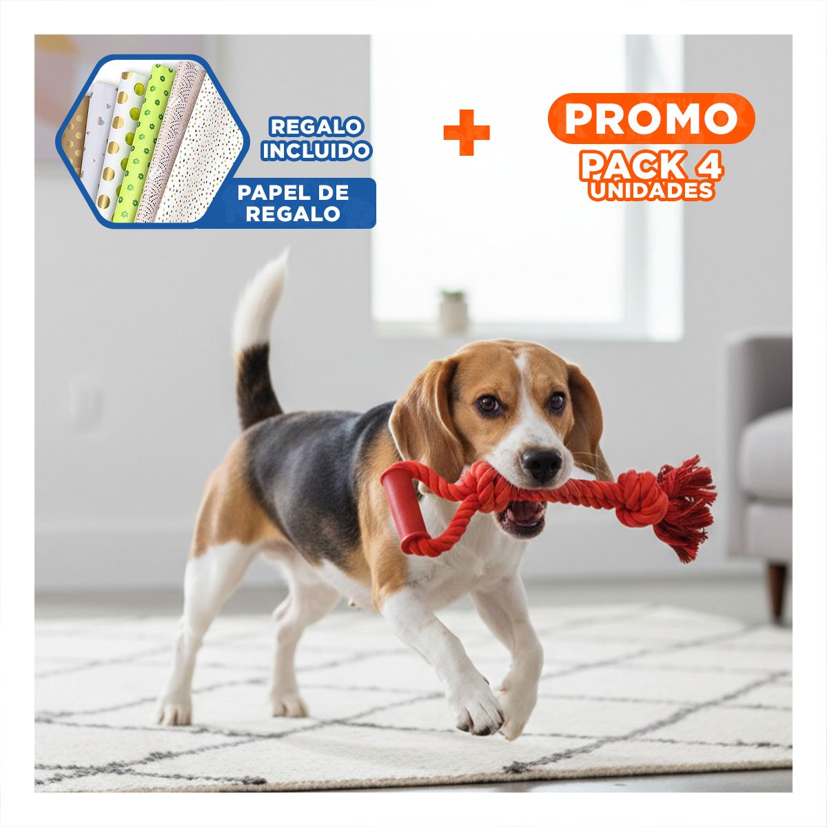PACK4 SOGA COMPACTA PARA PERRO DE ALGODON COLOR ROJO CON AGARRADERA FIRME Y+PAPEL REGALO - 1