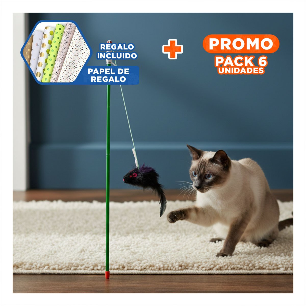 PACK6 ACCESORIO PARA GATO CON VARITA DE COLOR VERDE Y RATON NEGRO COMPACTO Y+PAPEL REGALO - 1