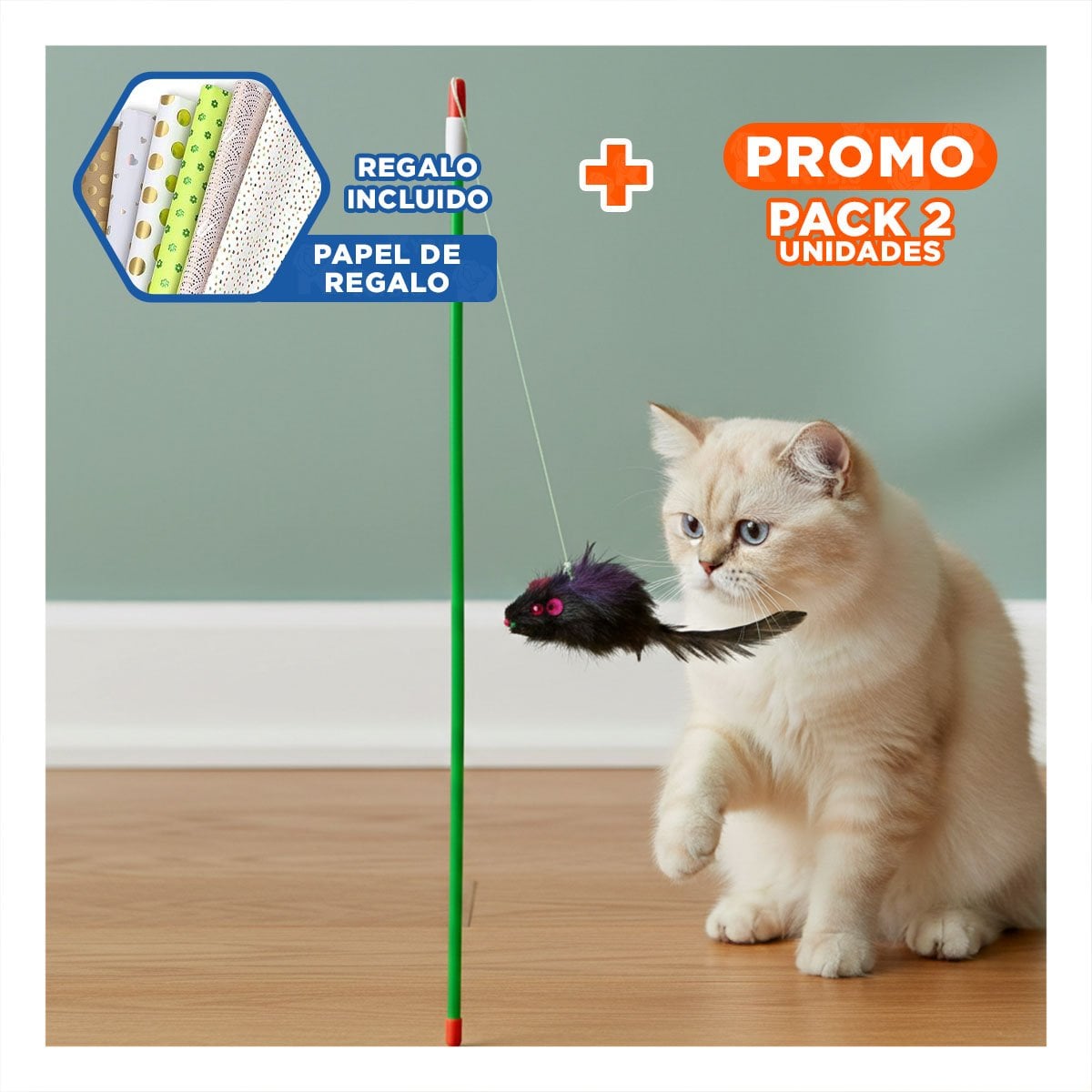 PACK2 VARITA MODERNA DE COLOR VERDE PARA GATO CON JUGUETE DE RATON NEGRO Y+PAPEL REGALO - 1