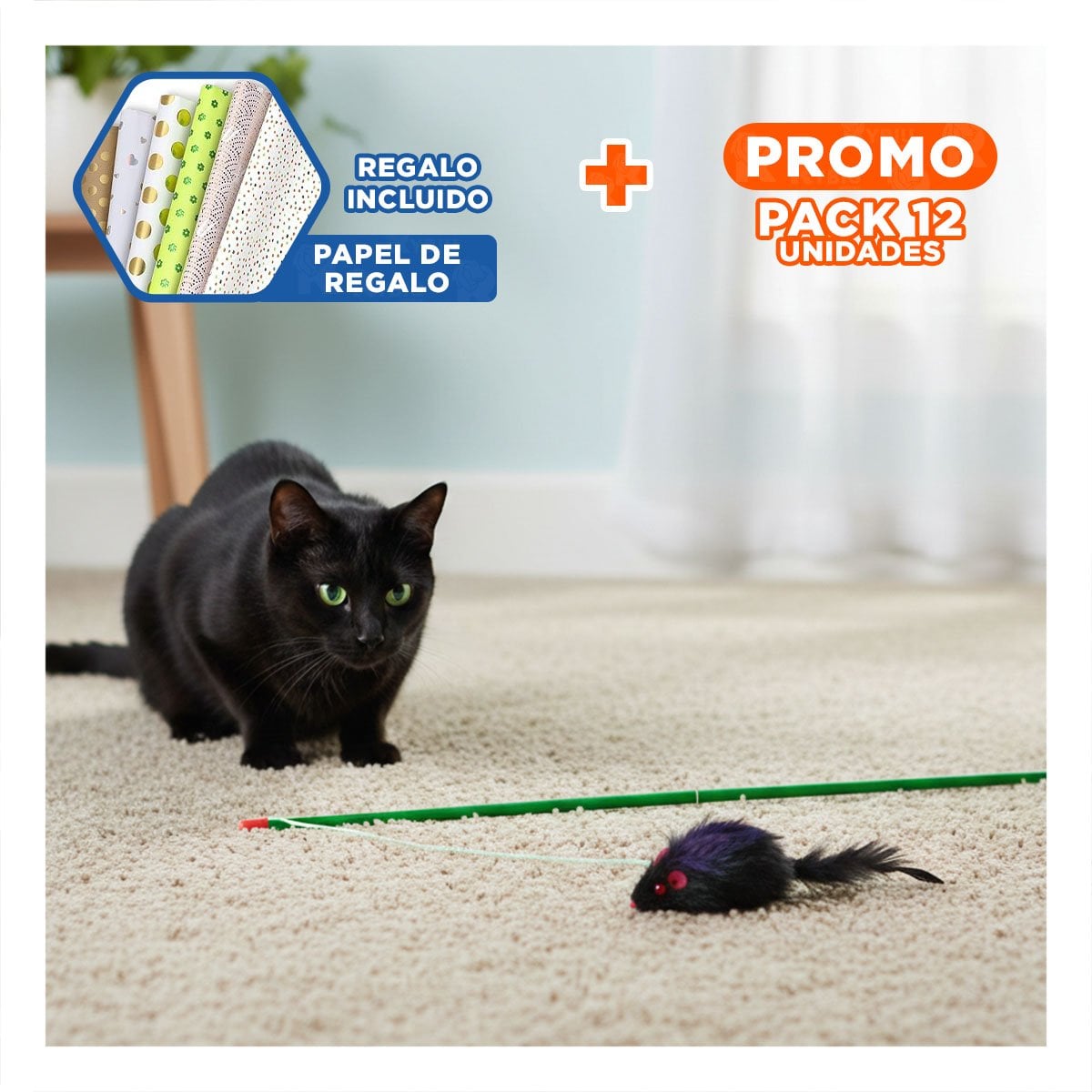 PACK12 ACCESORIO LIGERO CON VARITA DE COLOR VERDE PARA GATO Y RATON NEGRO Y+PAPEL REGALO - 1