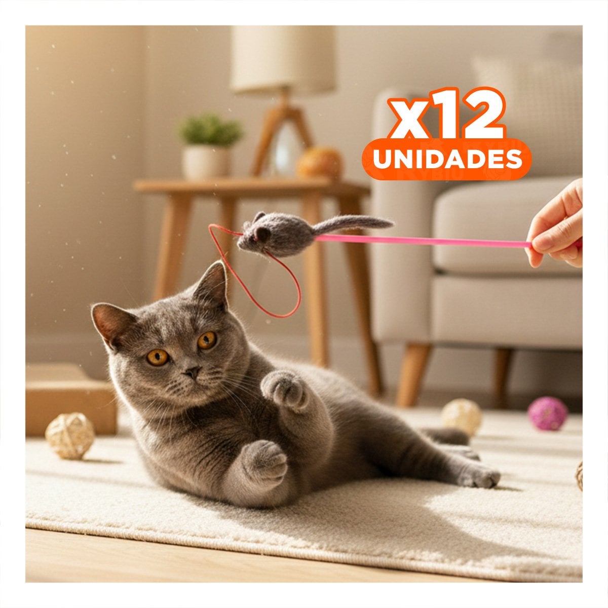 PACK12 ACCESORIO MODERNO PARA GATO CON VARITA DE COLOR ROSADO Y RATON PLOMO - 1