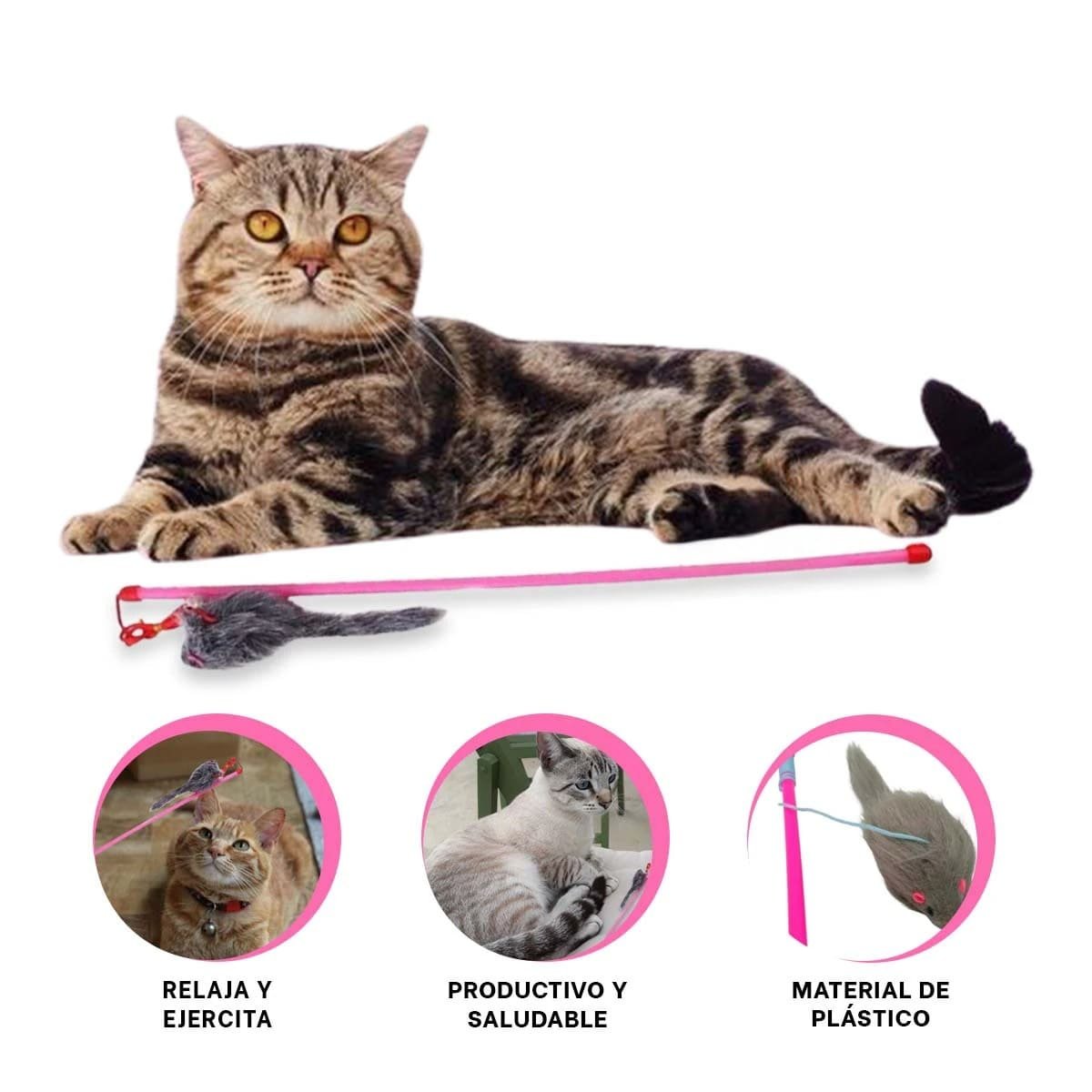 JUGUETE SUAVE CON VARITA DE COLOR ROSADO PARA GATO Y RATON PLOMO - 3