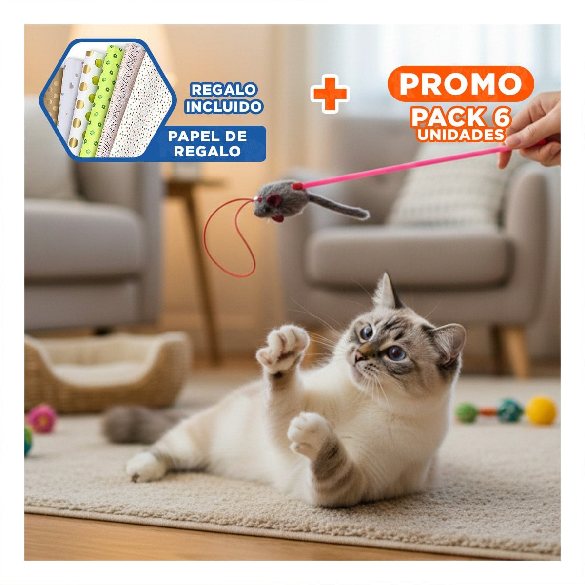 PACK6 ACCESORIO PARA GATO CON VARITA DE COLOR ROSADO Y RATON PLOMO COMPACTO Y+PAPEL REGALO - 1