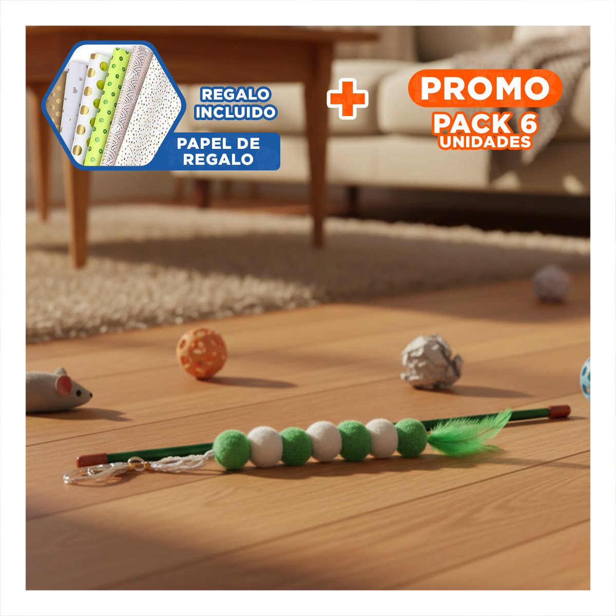 PACK6 ACCESORIO DE PLASTICO PARA GATO CON BOLITAS COLOR VERDE EN JUEGO ACTIVO Y+PAPEL REGALO - 1