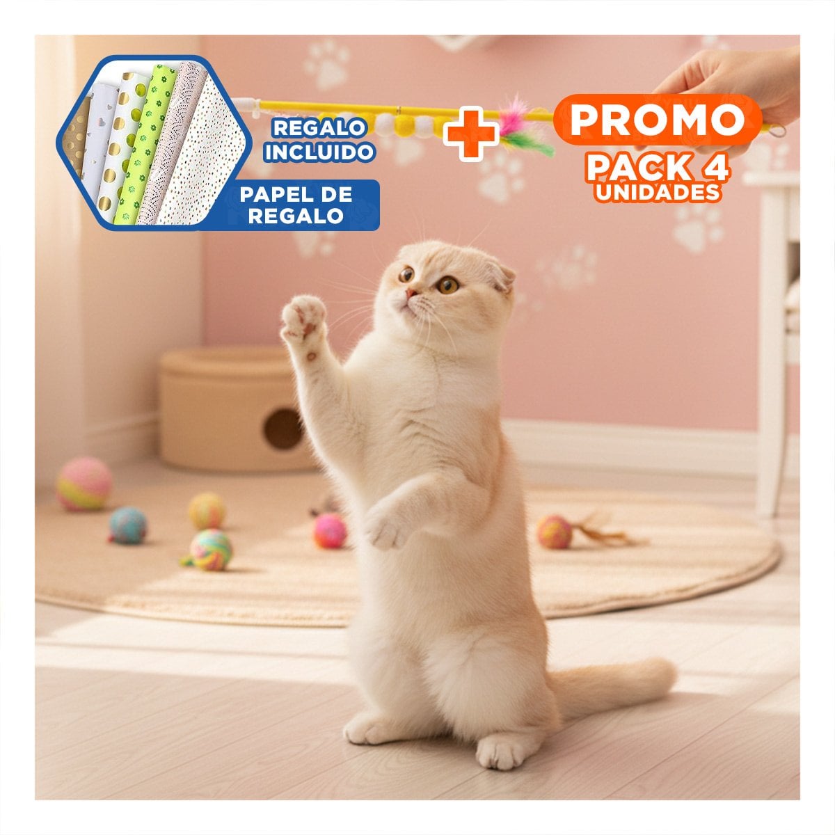 PACK4 VARITA PARA DINAMICA ACTIVA DE GATO CON BOLITAS EN COLOR AMARRILLO Y+PAPEL REGALO - 1