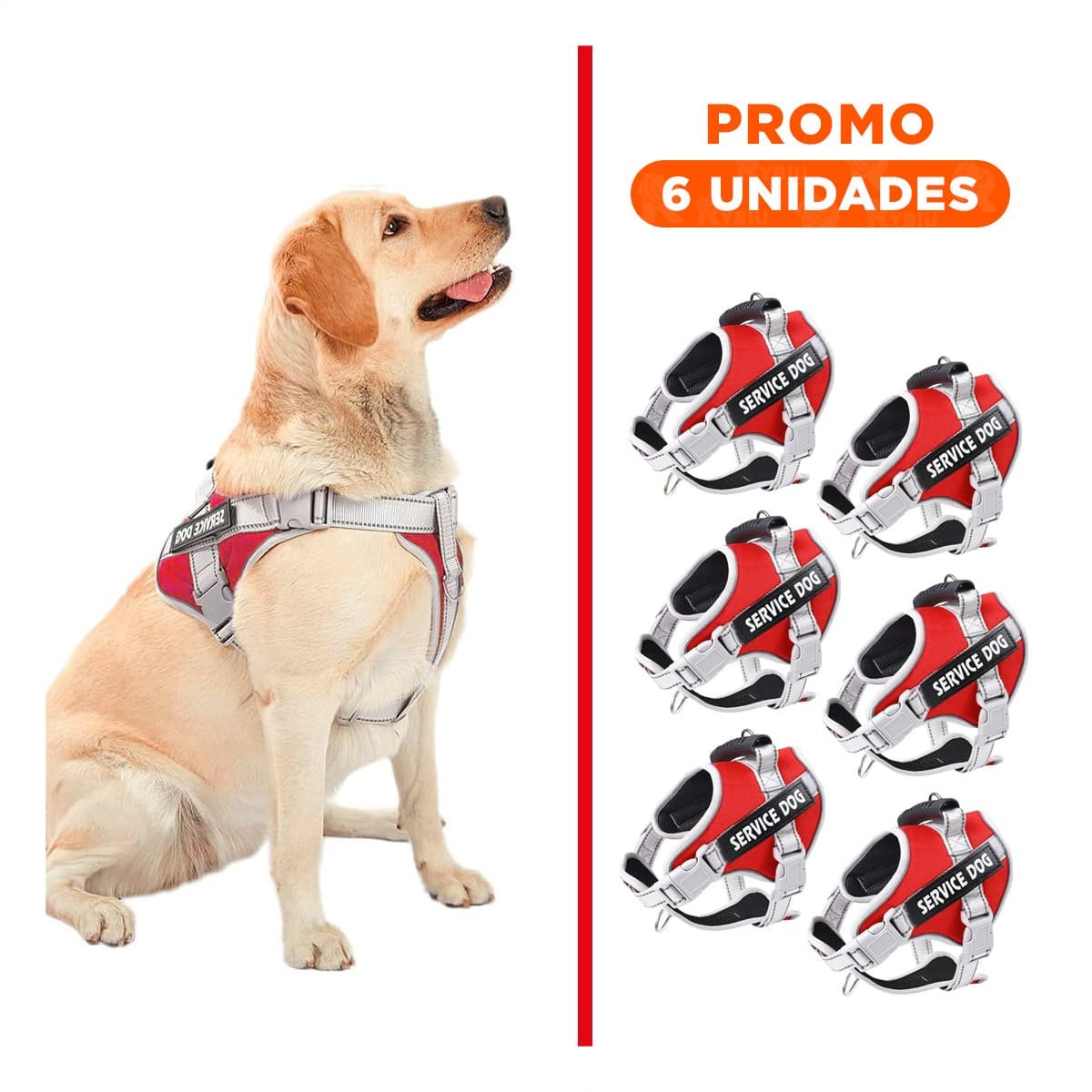 PACK6 HARNESS RESISTENTE SERVICE DOG TALLA XL ROJO CON ASA - 1