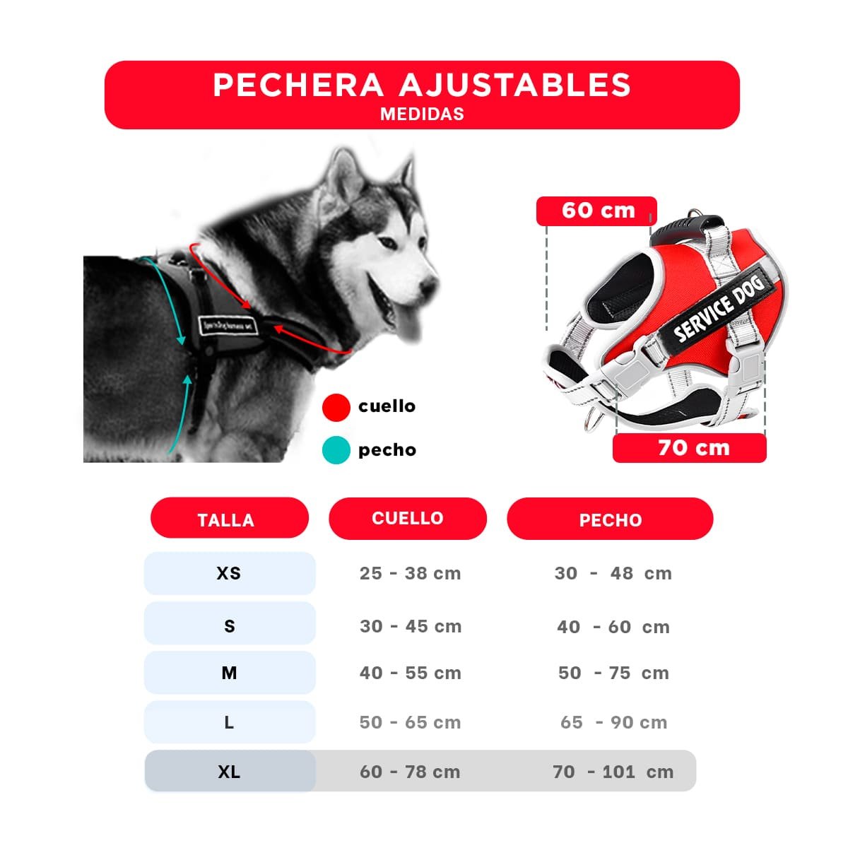 PACK6 HARNESS RESISTENTE SERVICE DOG TALLA XL ROJO CON ASA - 4