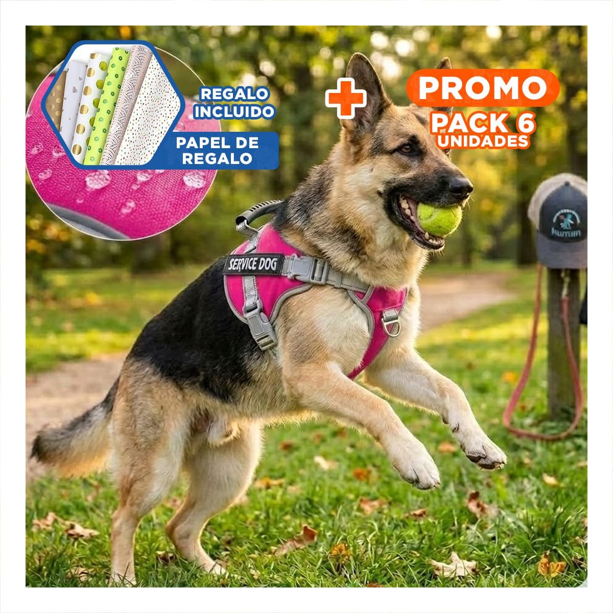 PACK6 PETO RESISTENTE SERVICE DOG TALLA XL FUCSIA CON ASA Y+PAPEL REGALO - 1
