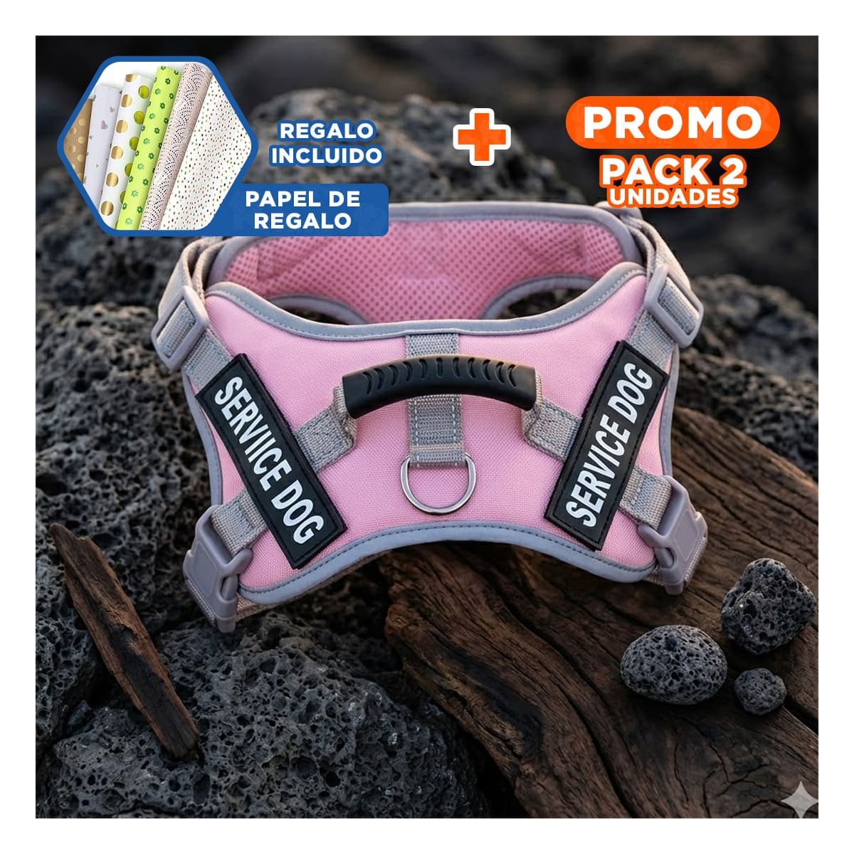 PACK2 HARNESS AJUSTABLE SERVICE DOG TALLA L ROSADO CLARO CON ASA Y+PAPEL REGALO - 1