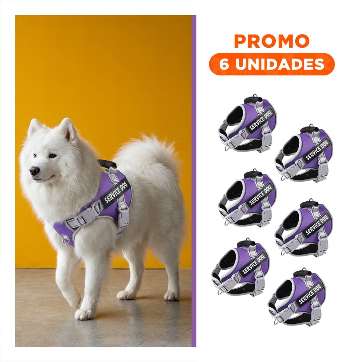 PACK6 HARNESS RESISTENTE SERVICE DOG TALLA L MORADO CON ASA - 1