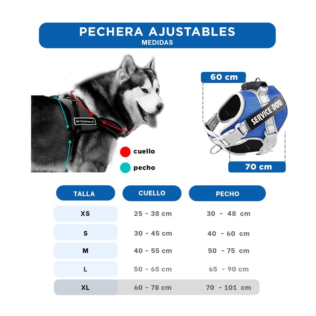 PECHERA AJUSTABLE SERVICE DOG TALLA XL AZUL CON ASA Y+LIGAS REGALO - 4
