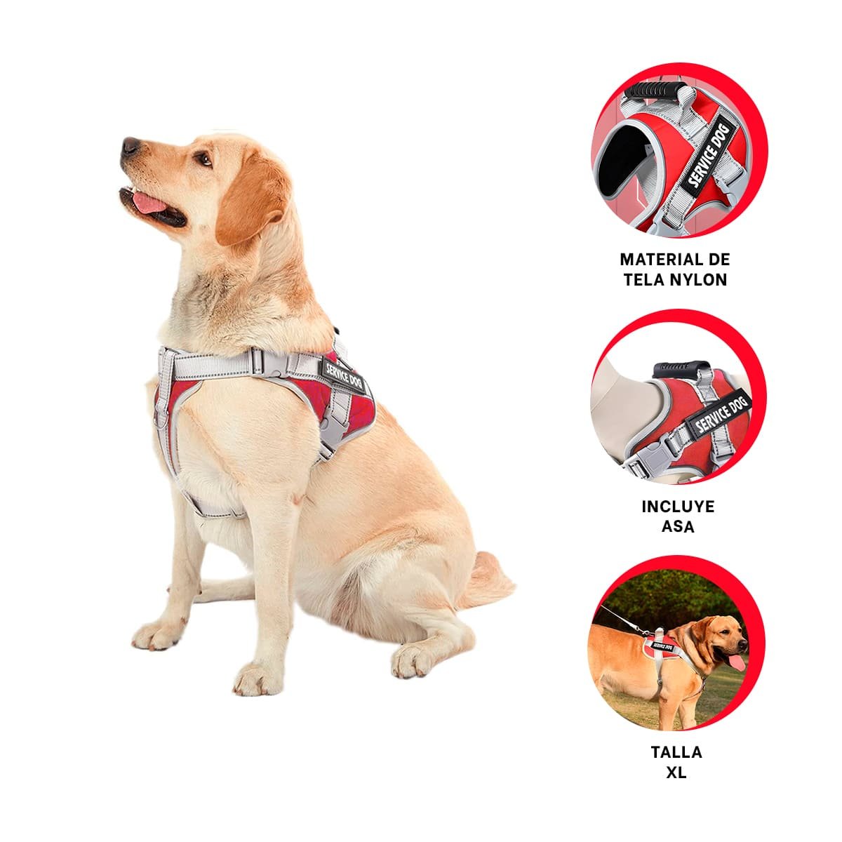 CHALECO PROFESIONAL SERVICE DOG TALLA XL ROJO CON ASA - 3