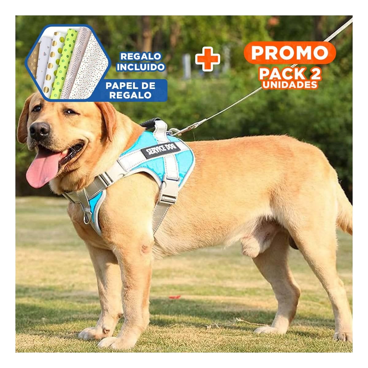 PACK2 HARNESS AJUSTABLE SERVICE DOG TALLA XL TURQUEZA CON ASA Y+PAPEL REGALO - 1