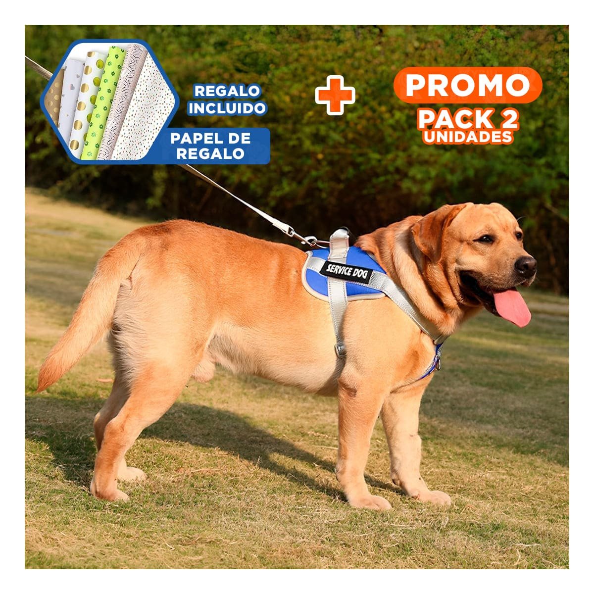 PACK2 HARNESS AJUSTABLE SERVICE DOG TALLA XL AZUL CON ASA Y+PAPEL REGALO - 1