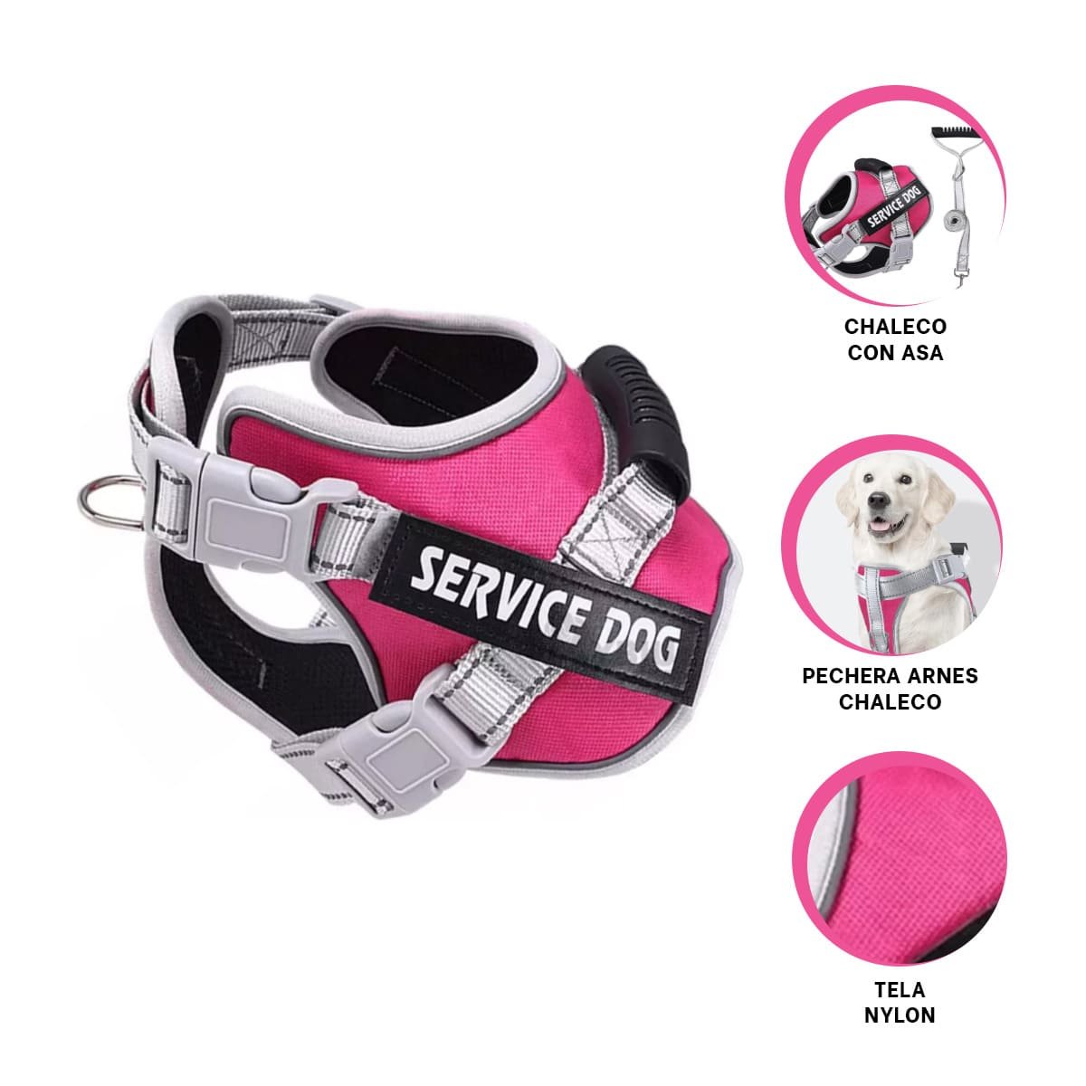 CHALECO PROFESIONAL SERVICE DOG TALLA XL FUCSIA CON ASA - 3