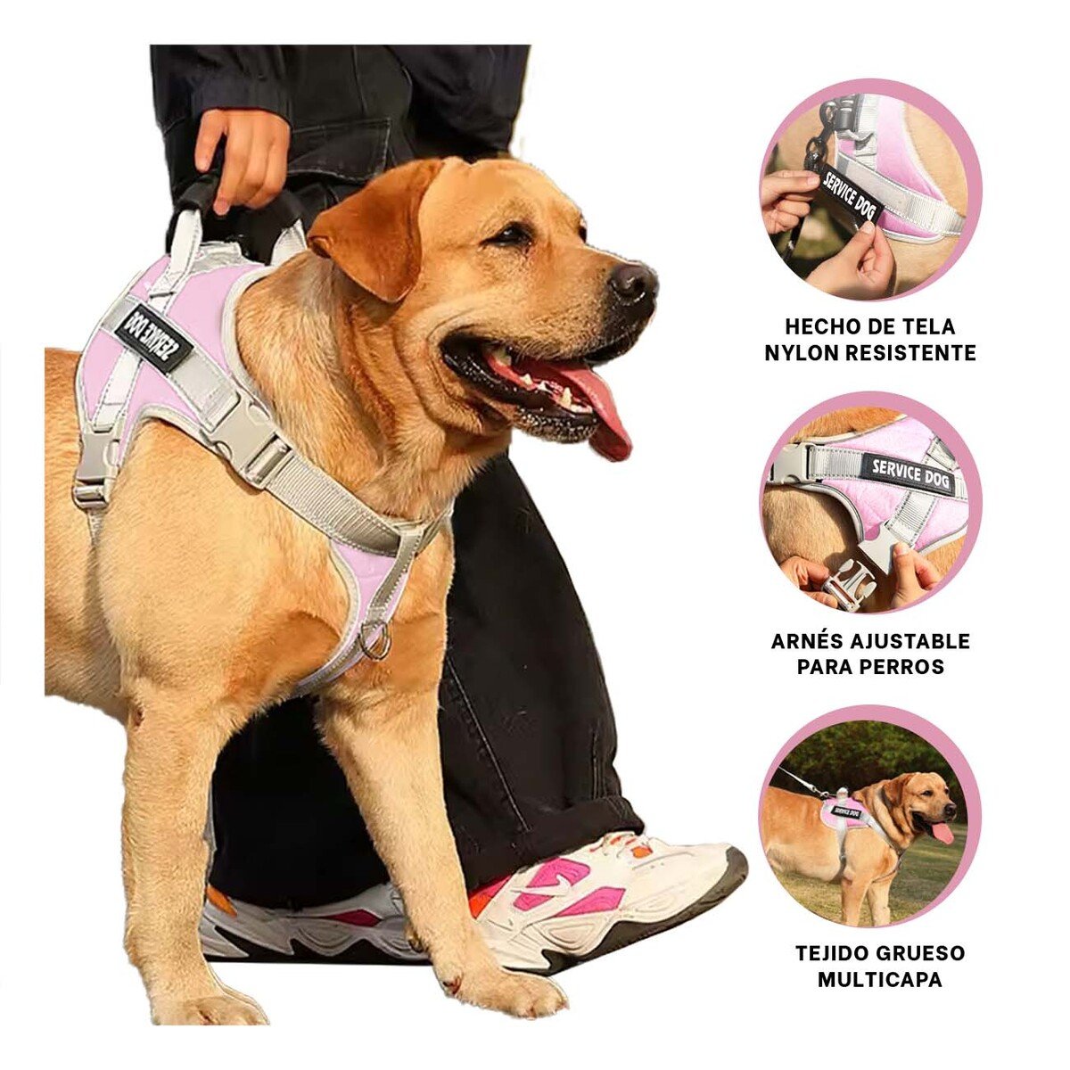 CHALECO PROFESIONAL SERVICE DOG TALLA XL ROSADO CLARO CON ASA - 3