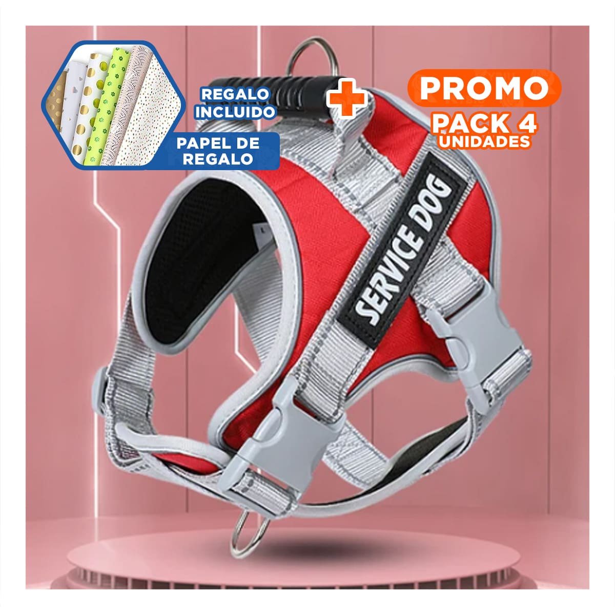 PACK4 ARNES RESISTENTE SERVICE DOG TALLA XL ROJO CON ASA Y+PAPEL REGALO - 1