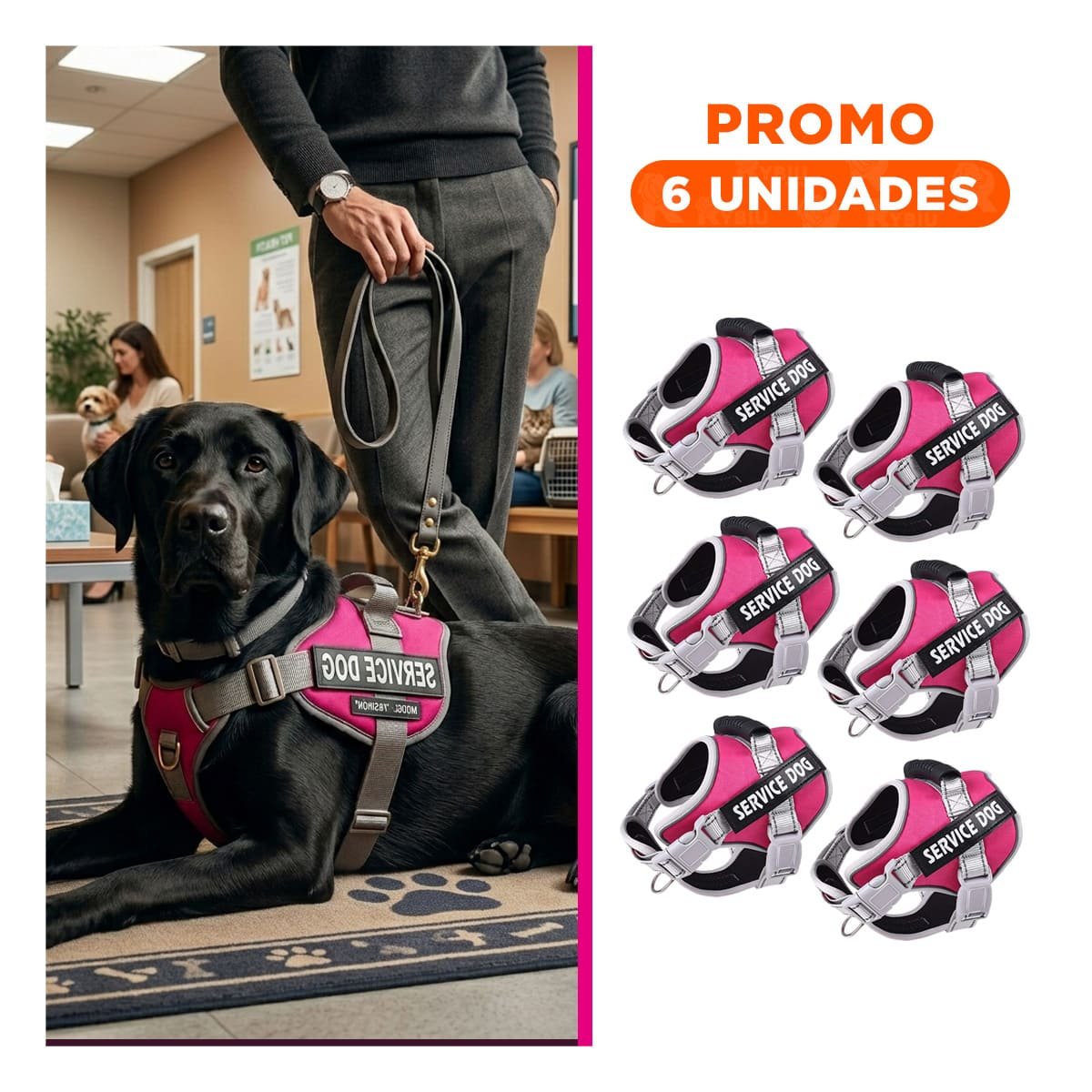 PACK6 HARNESS RESISTENTE SERVICE DOG TALLA L FUCSIA CON ASA - 1