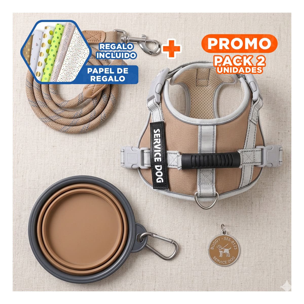 PACK2 HARNESS AJUSTABLE SERVICE DOG TALLA XL MARRON CON ASA Y+PAPEL REGALO - 1