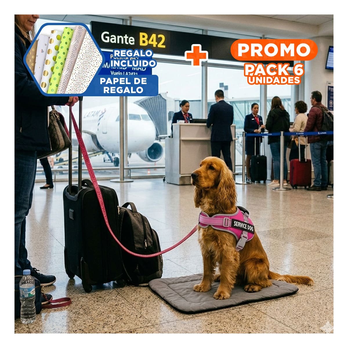 PACK6 PETO RESISTENTE SERVICE DOG TALLA L FUCSIA CON ASA Y+PAPEL REGALO - 1
