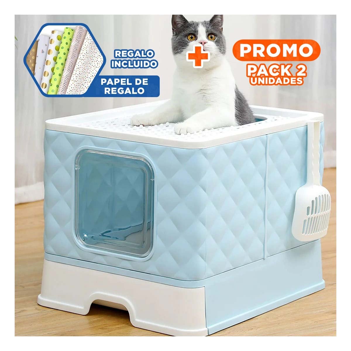 PACK2 ARENERO MODERNO DE GATO COLOR CELESTE CON CUBO CERRADO Y BANDEJA PRACTICA Y+PAPEL REGALO - 1