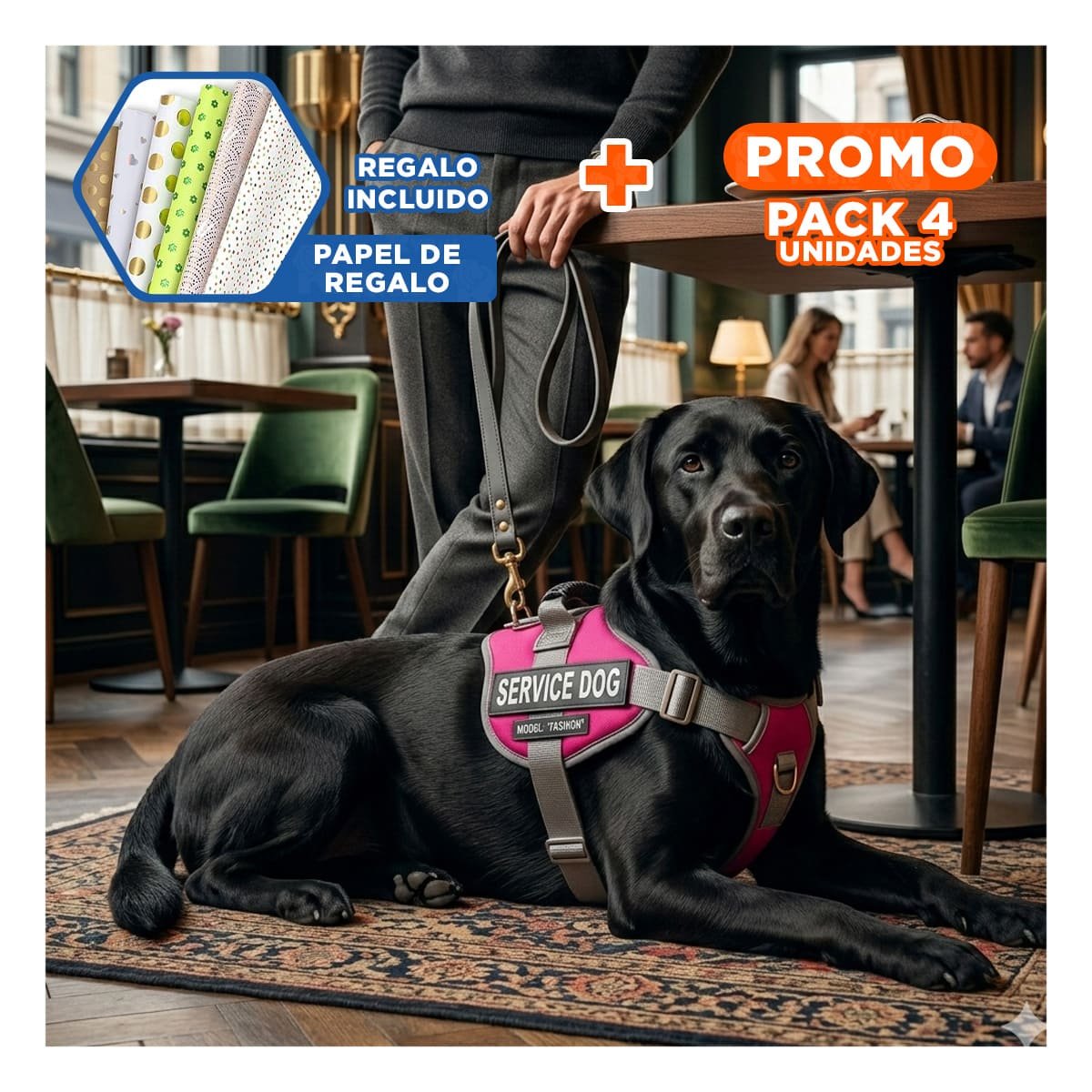 PACK4 ARNES RESISTENTE SERVICE DOG TALLA L FUCSIA CON ASA Y+PAPEL REGALO - 1